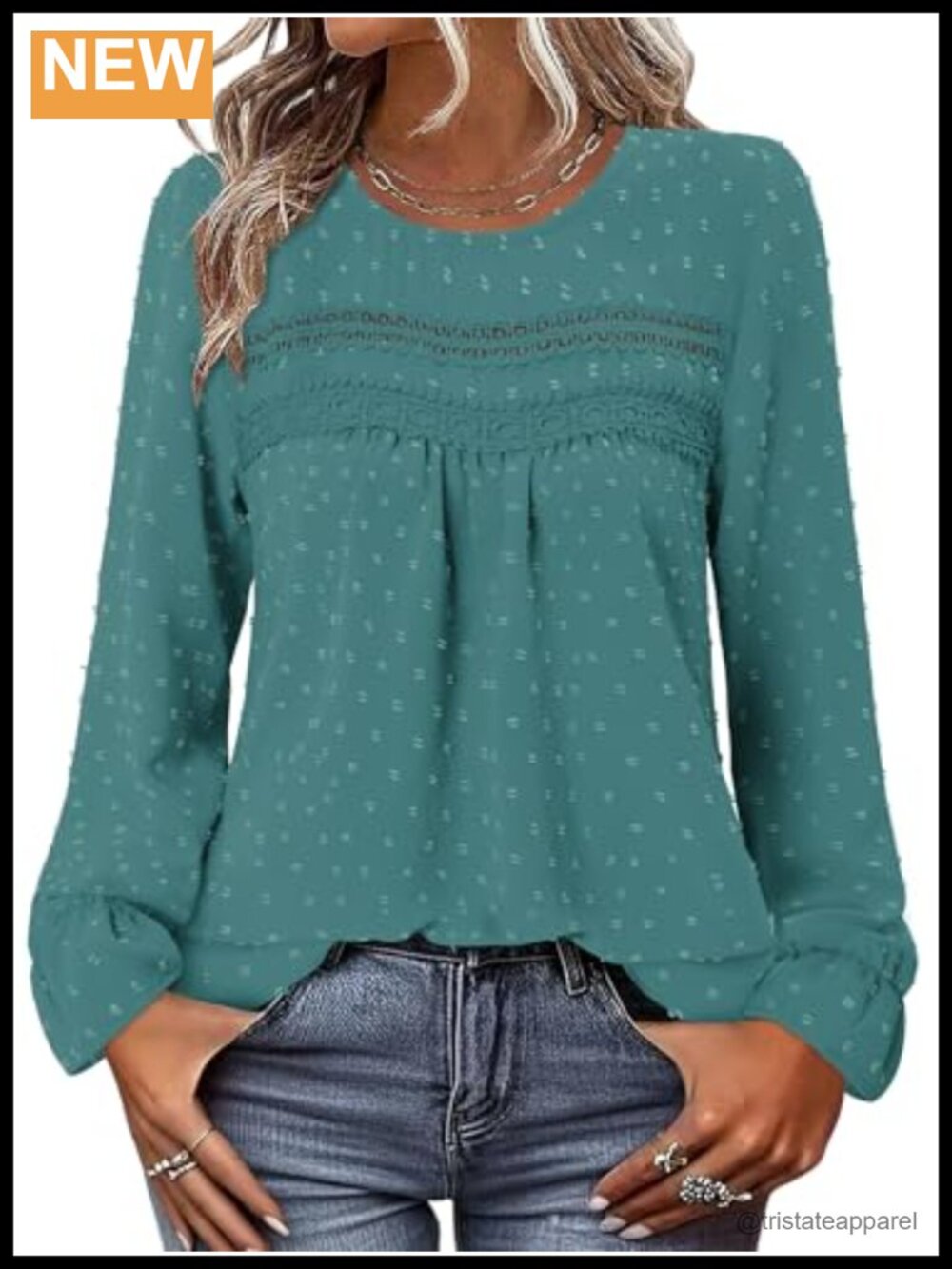 Boho Long Sleeve Blouse Swiss Dot Peasant Top Flowy Crewneck Women's
